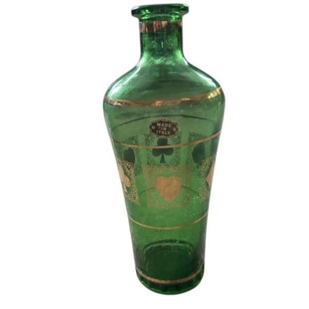 Vintage MCM Emerald Green Decanter With Gold Trim & Playing Card Suits Italy